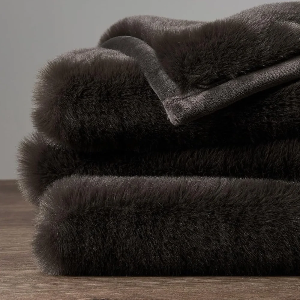 🆕 PB Style Dark Brown Faux Mink Rabbit Fur Throw Velvet Backing XL Quilt Bed